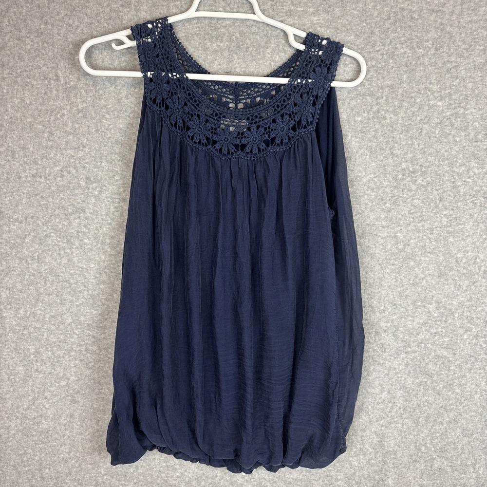 Ambra Italy Top 100% Silk Lace Sleeveless Women's Sz Large Navy Blue